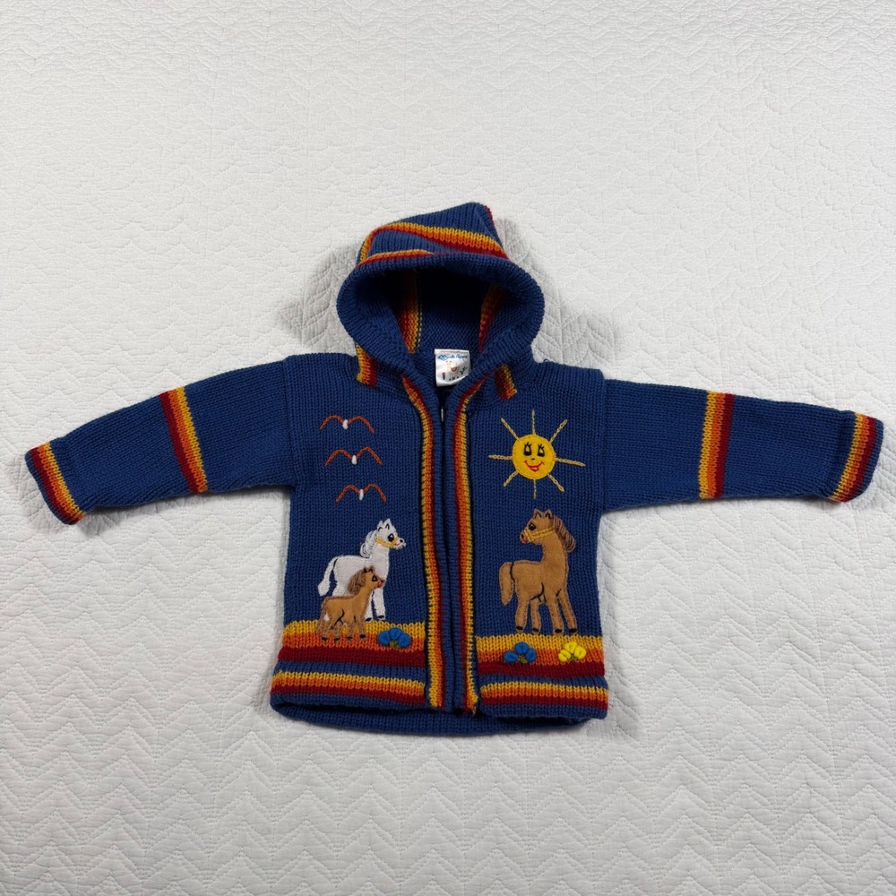 Kids Mundo Alpaca Blue Knit‎ Horse Sun Sweater Hoodie Hand Made Peru 12-18 Mo